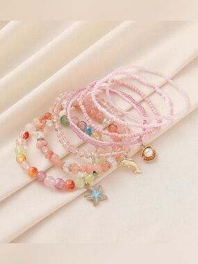 Pink Beaded Charm Bracelet Stack set A1668